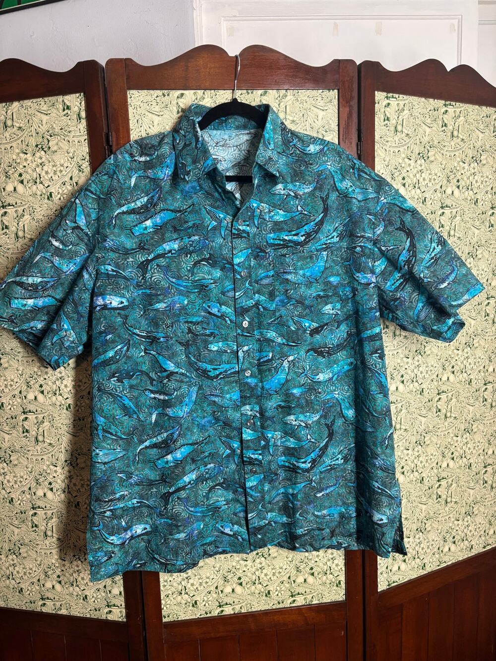 Pre-owned Handmade Humpback Whale Cabana Hawaiian Shirt Men's 2XL Teal Blue